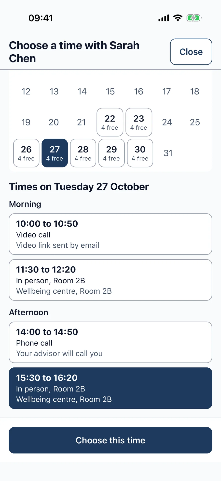 Choosing an appointment time from an advisor's free slots