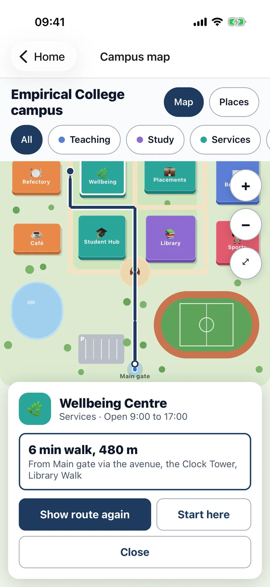 A campus map plugin showing a walking route to the Wellbeing Centre