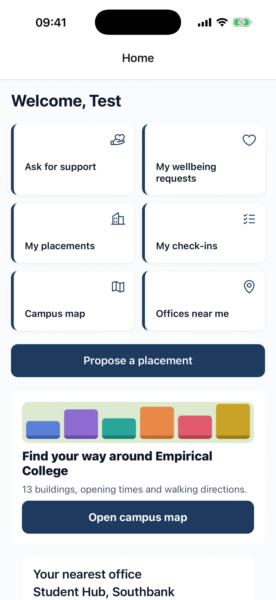 Haiko app home screen with cards for support requests, placements, check-ins, a campus map and nearby offices