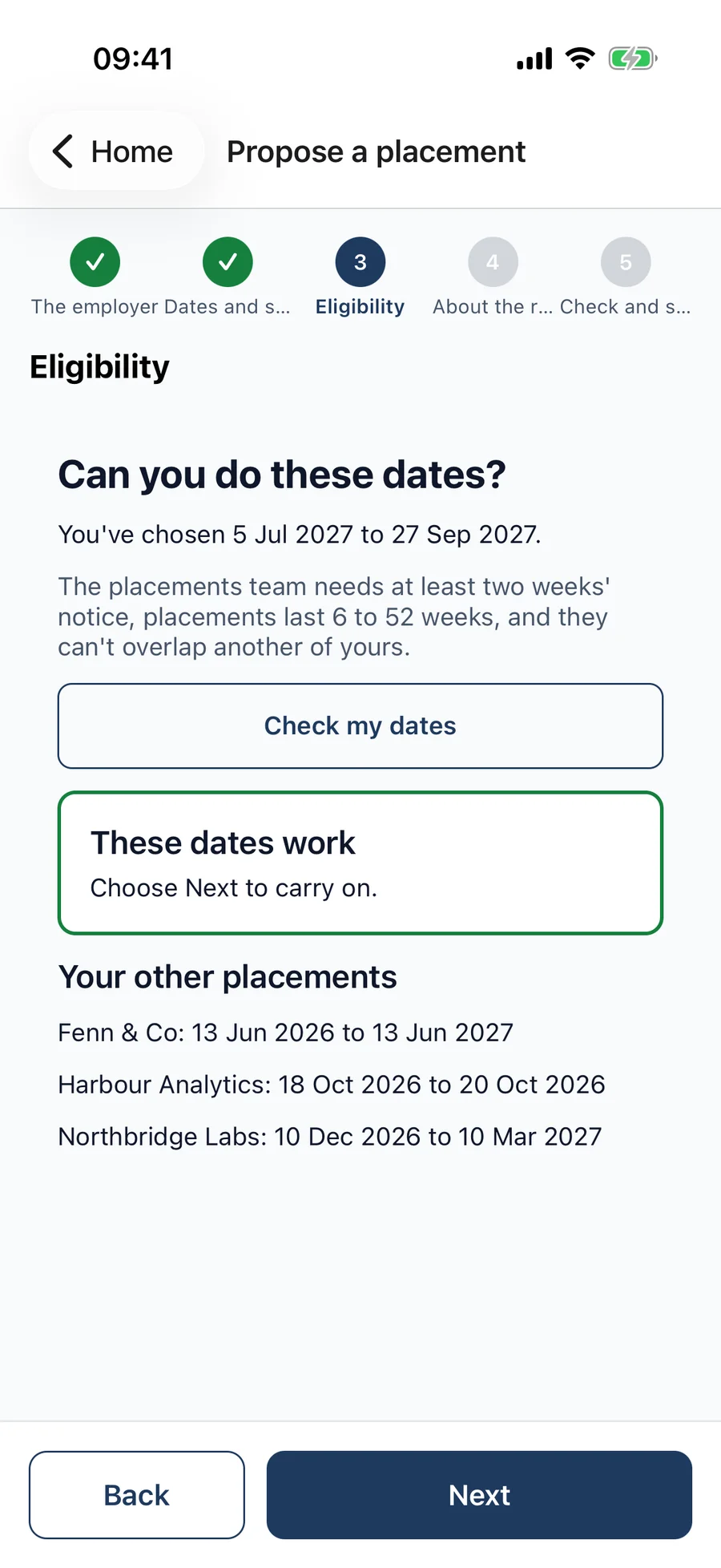 A placement application wizard confirming the chosen dates work