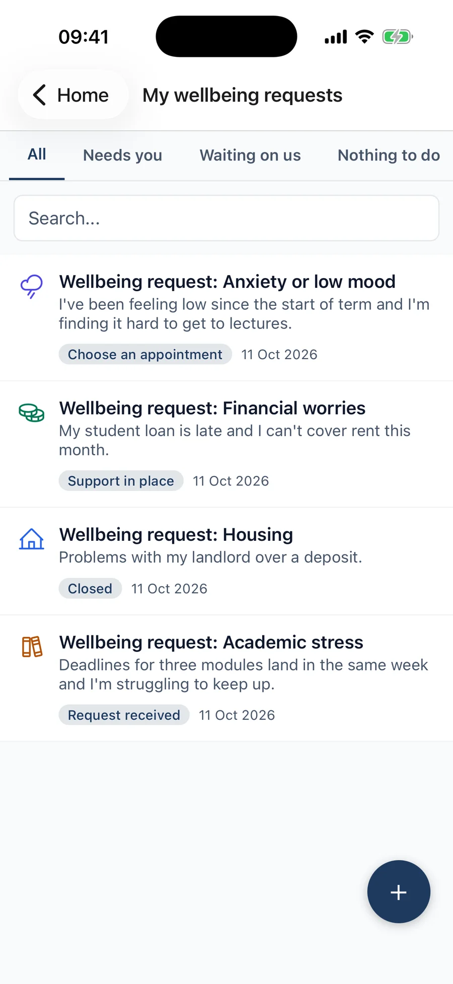 A student's wellbeing requests, each with an icon, a short description and its current status