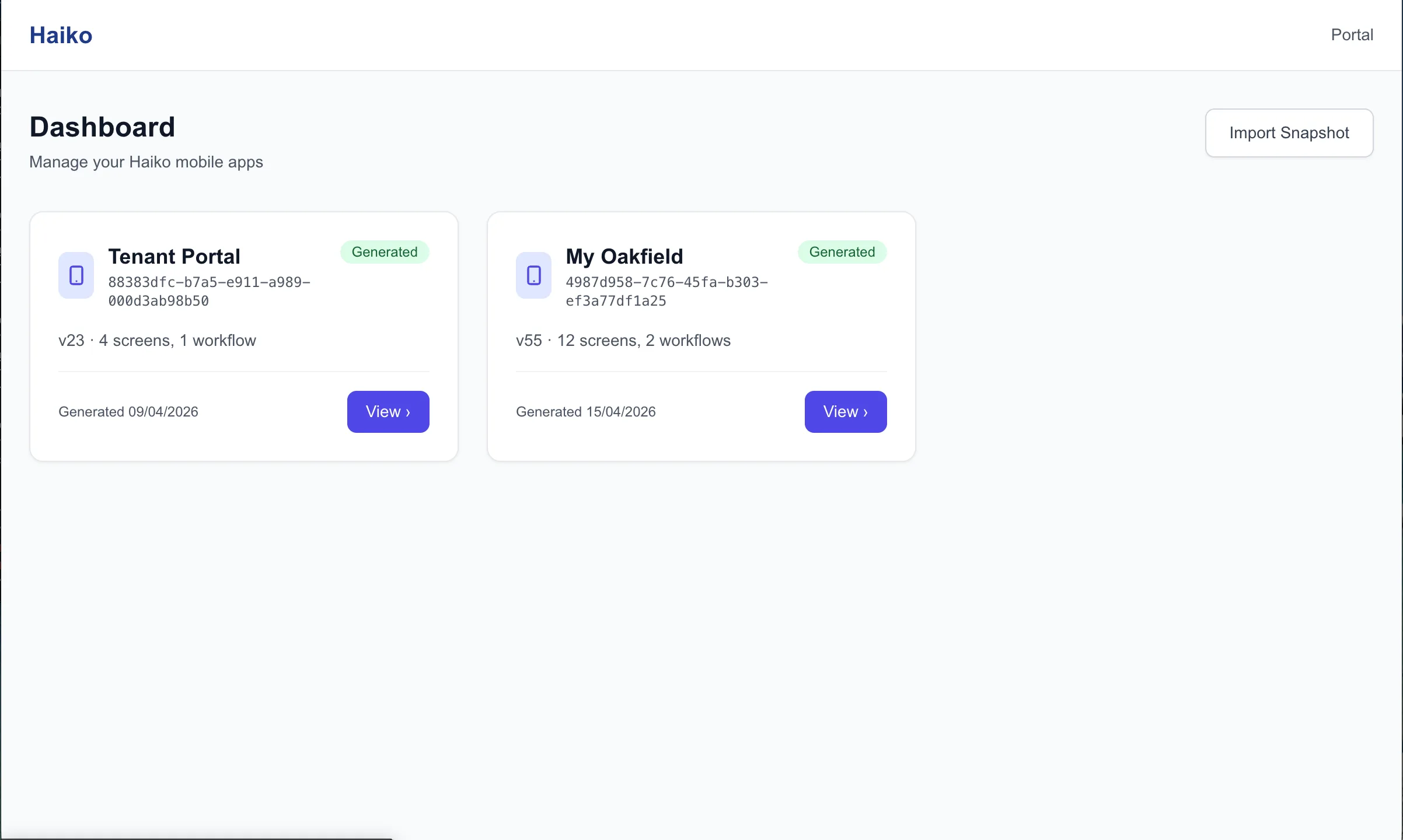 Haiko Portal — app configuration screen
