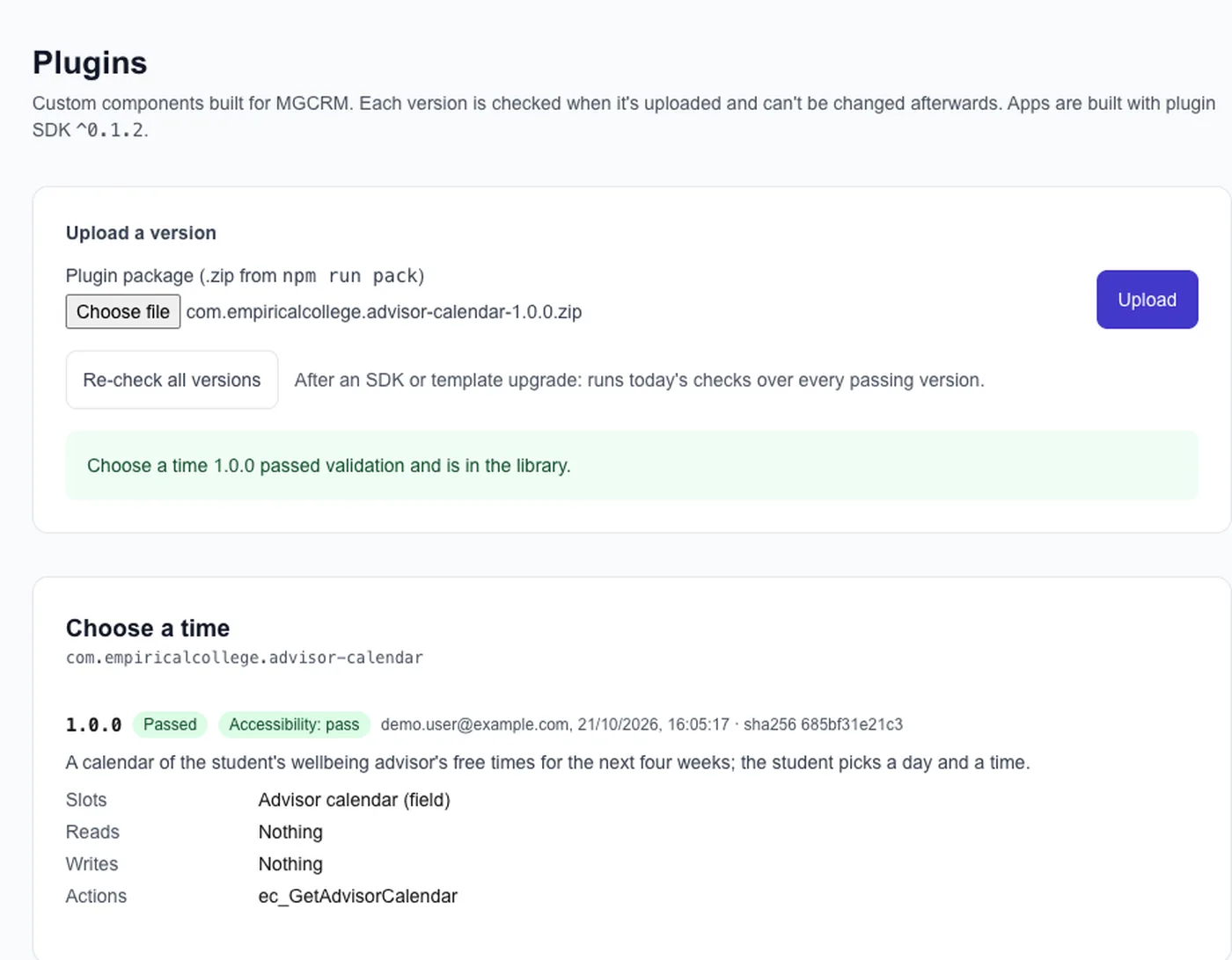 Haiko Studio plugin library: each plugin version passed its checks, with what it reads and writes