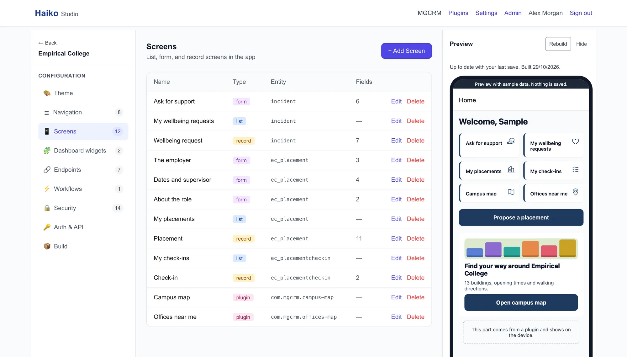 Haiko Studio listing every screen in the app, with the live app preview beside it
